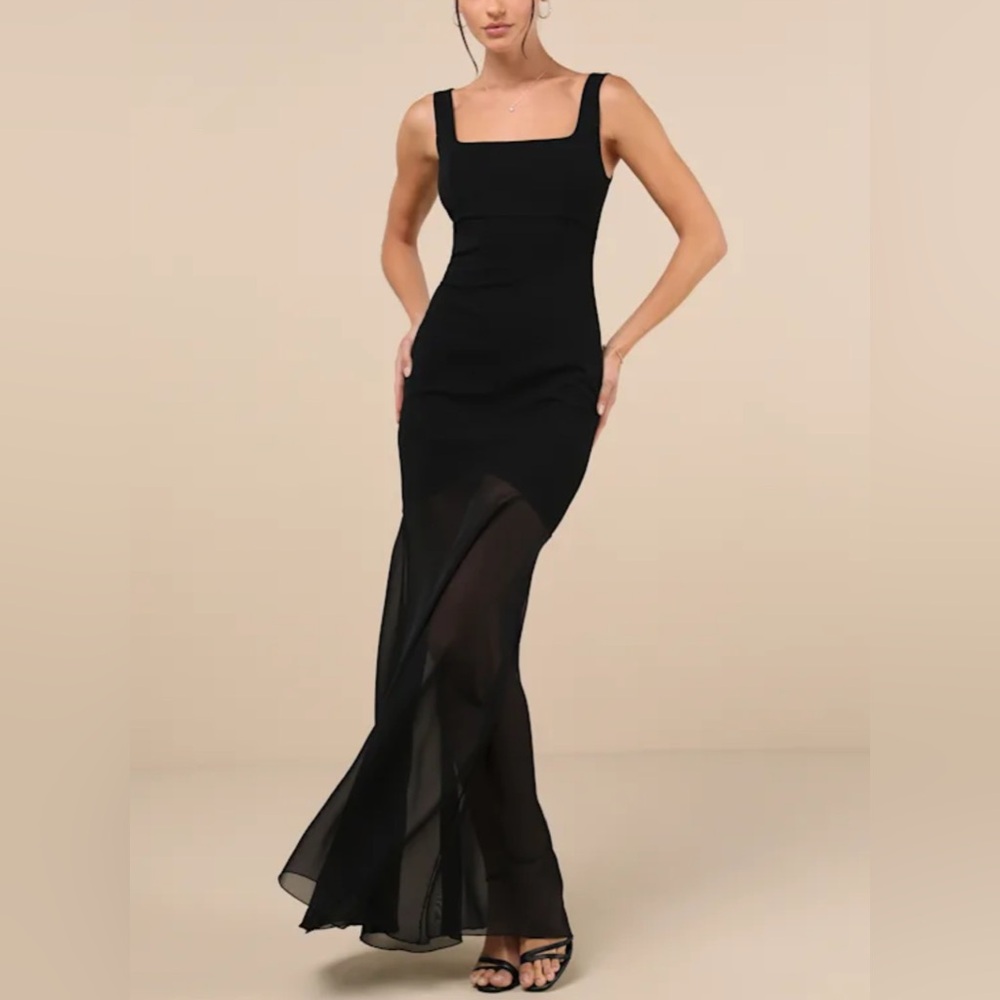 Lulu's Black Square-Neck Maxi Dress with Sheer Panel Skirt